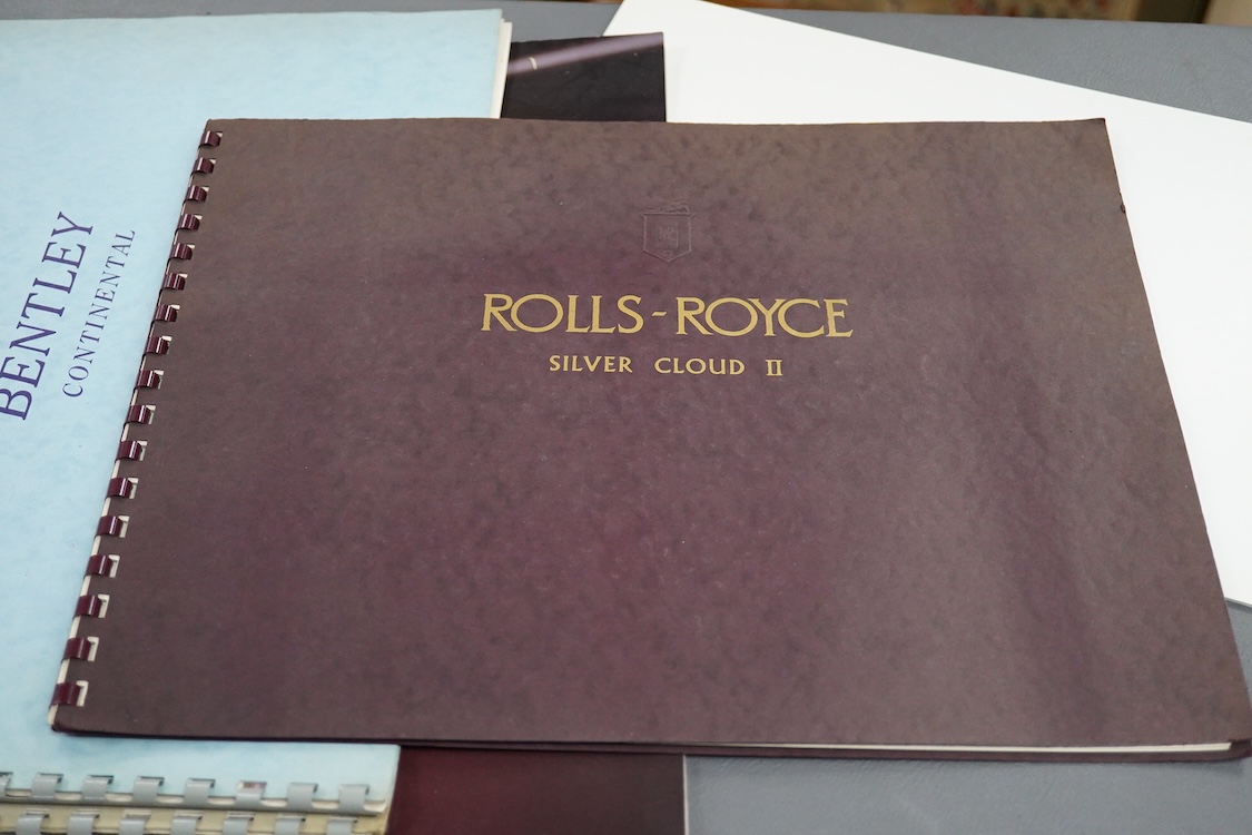 Seven 1940s to modern Rolls Royce and Bentley motor car manufacturer’s brochures; the Silver Wraith (produced 1946-58), the Bentley R Type Continental (produced 1952-55), the Rolls-Royce Silver Cloud II (produced 1959-66